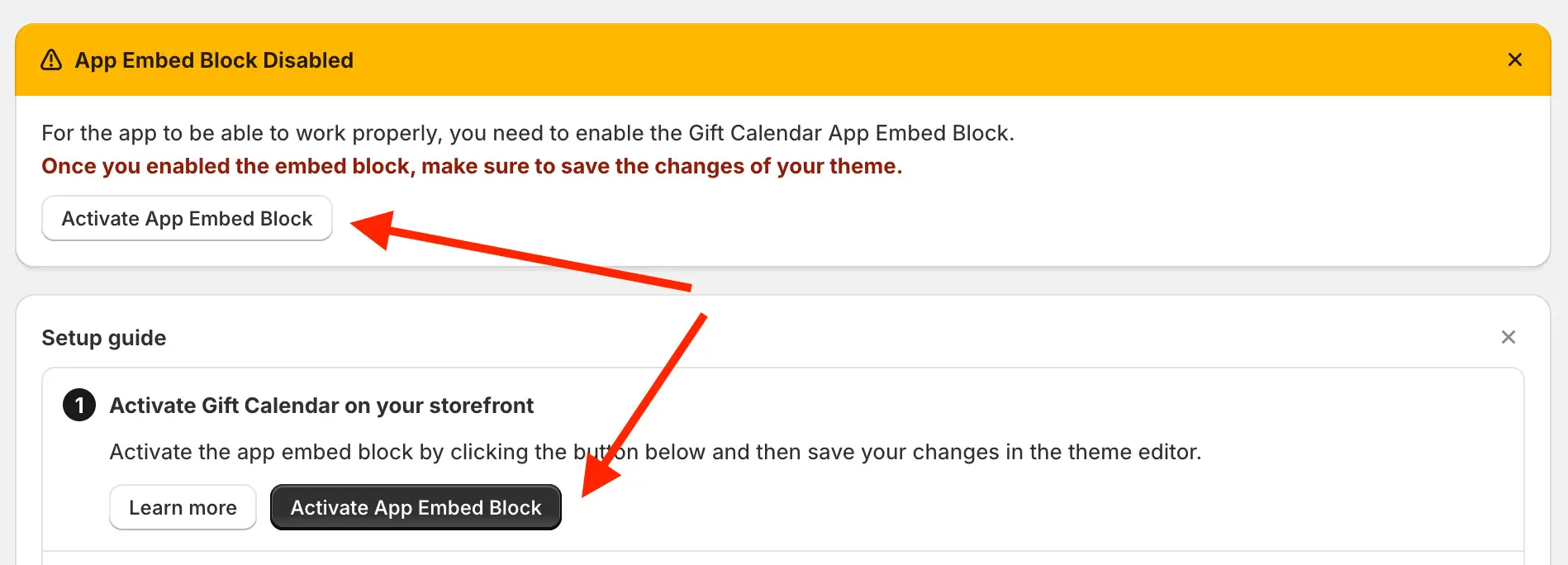Gift Calendar App Embed Block warning